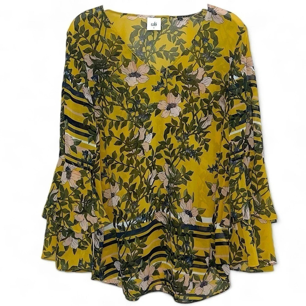 Cabi Women’s Sheer Boho Yellow Gold Vintage Floral Long Sleeve V-neck si…